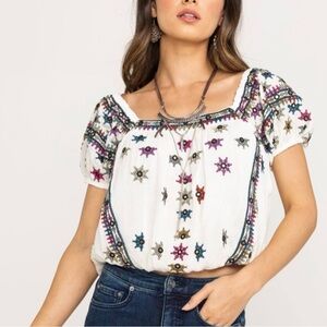 Free People “Aurora” Ivory Floral Folk Embroidered Blouse